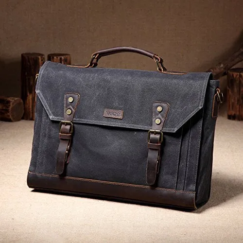 17 inch Laptop Messenger Bag,Vaschy Vintage Waxed Canvas Leather Water Resistant Mens Satchel Briefcase Bag Business Shoulder Bag Gray