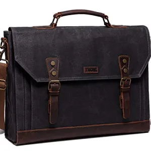 17 inch Laptop Messenger Bag,Vaschy Vintage Waxed Canvas Leather Water Resistant Mens Satchel Briefcase Bag Business Shoulder Bag Gray
