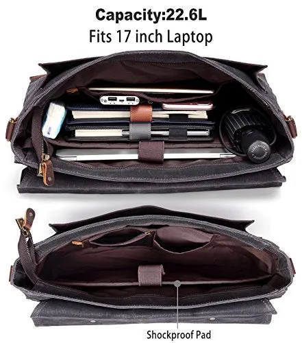 17 inch Laptop Messenger Bag,Vaschy Vintage Waxed Canvas Leather Water Resistant Mens Satchel Briefcase Bag Business Shoulder Bag Gray