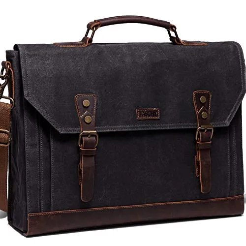 17 inch Laptop Messenger Bag,Vaschy Vintage Waxed Canvas Leather Water Resistant Mens Satchel Briefcase Bag Business Shoulder Bag Gray