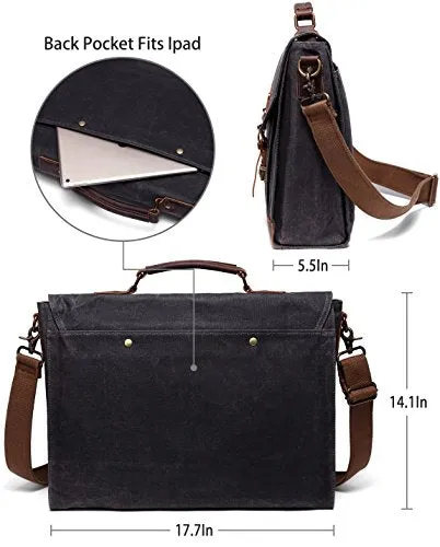 17 inch Laptop Messenger Bag,Vaschy Vintage Waxed Canvas Leather Water Resistant Mens Satchel Briefcase Bag Business Shoulder Bag Gray
