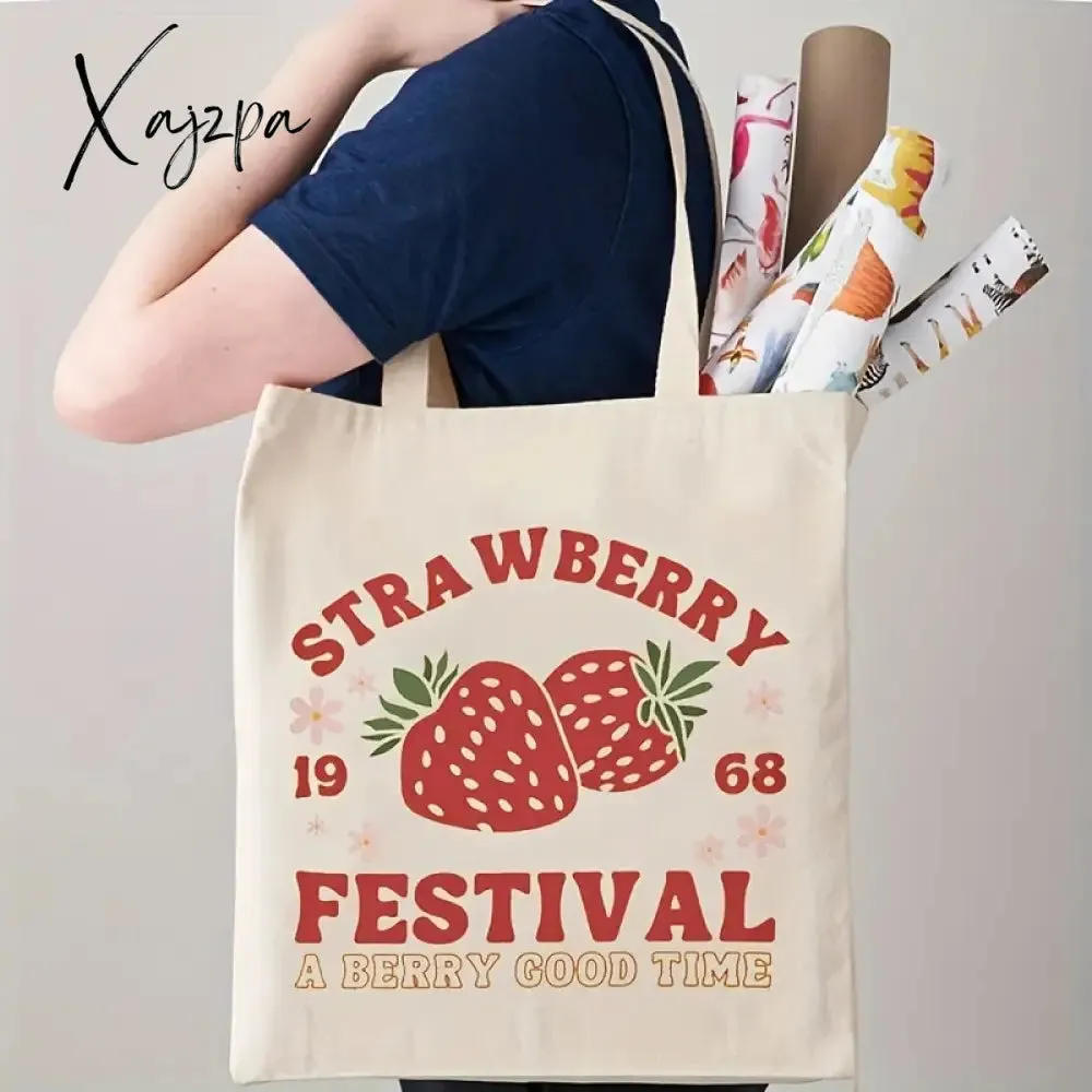 1pc Cute Strawberry Pattern Tote Bag, Casual Canvas Shopping Bag, Reusable Grocery Shoulder Bag