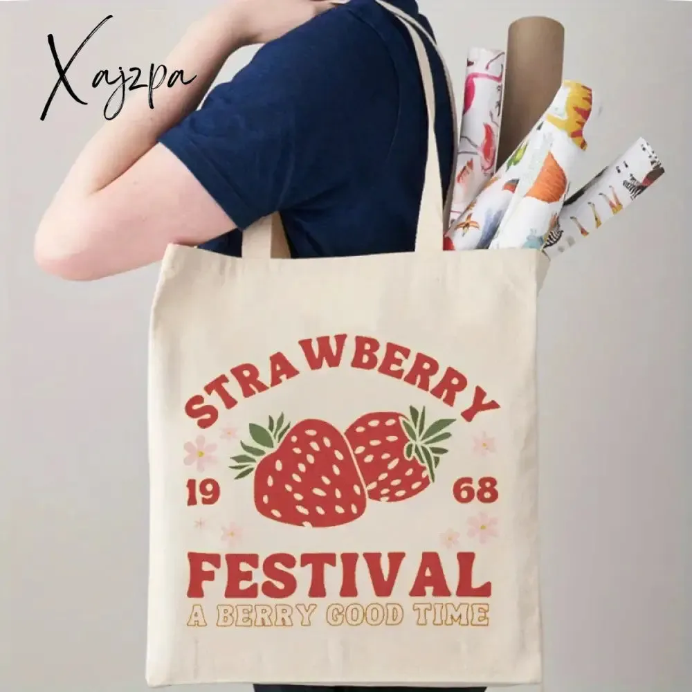 1pc Cute Strawberry Pattern Tote Bag, Casual Canvas Shopping Bag, Reusable Grocery Shoulder Bag