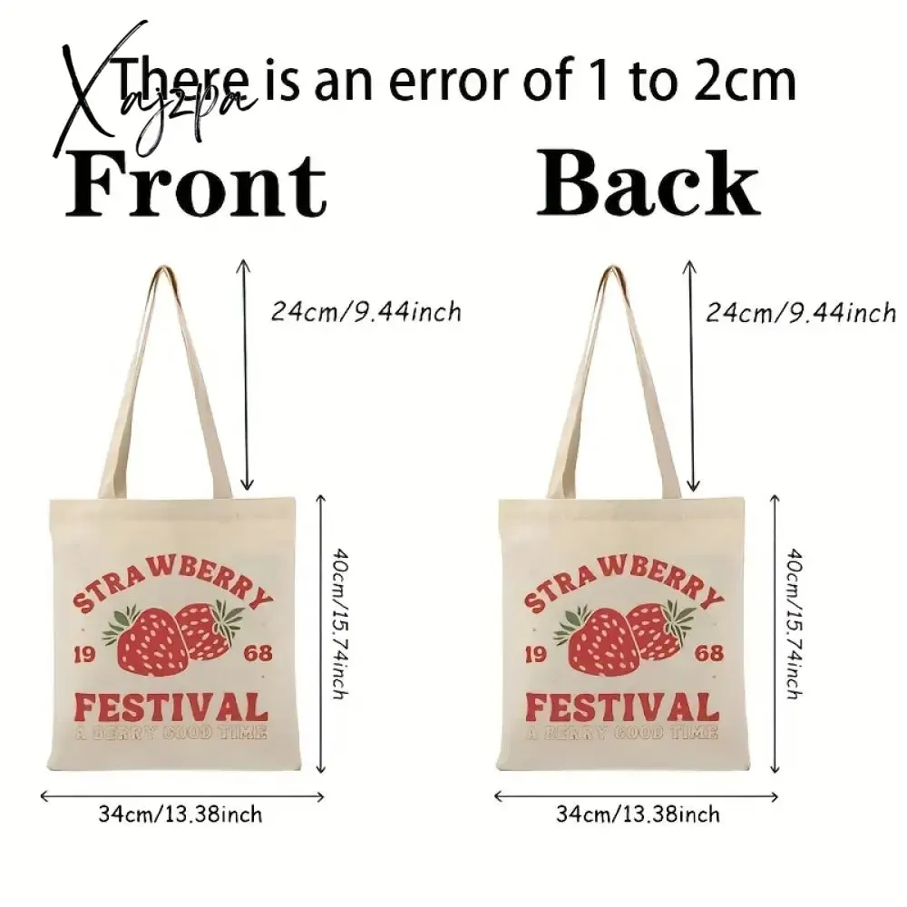 1pc Cute Strawberry Pattern Tote Bag, Casual Canvas Shopping Bag, Reusable Grocery Shoulder Bag