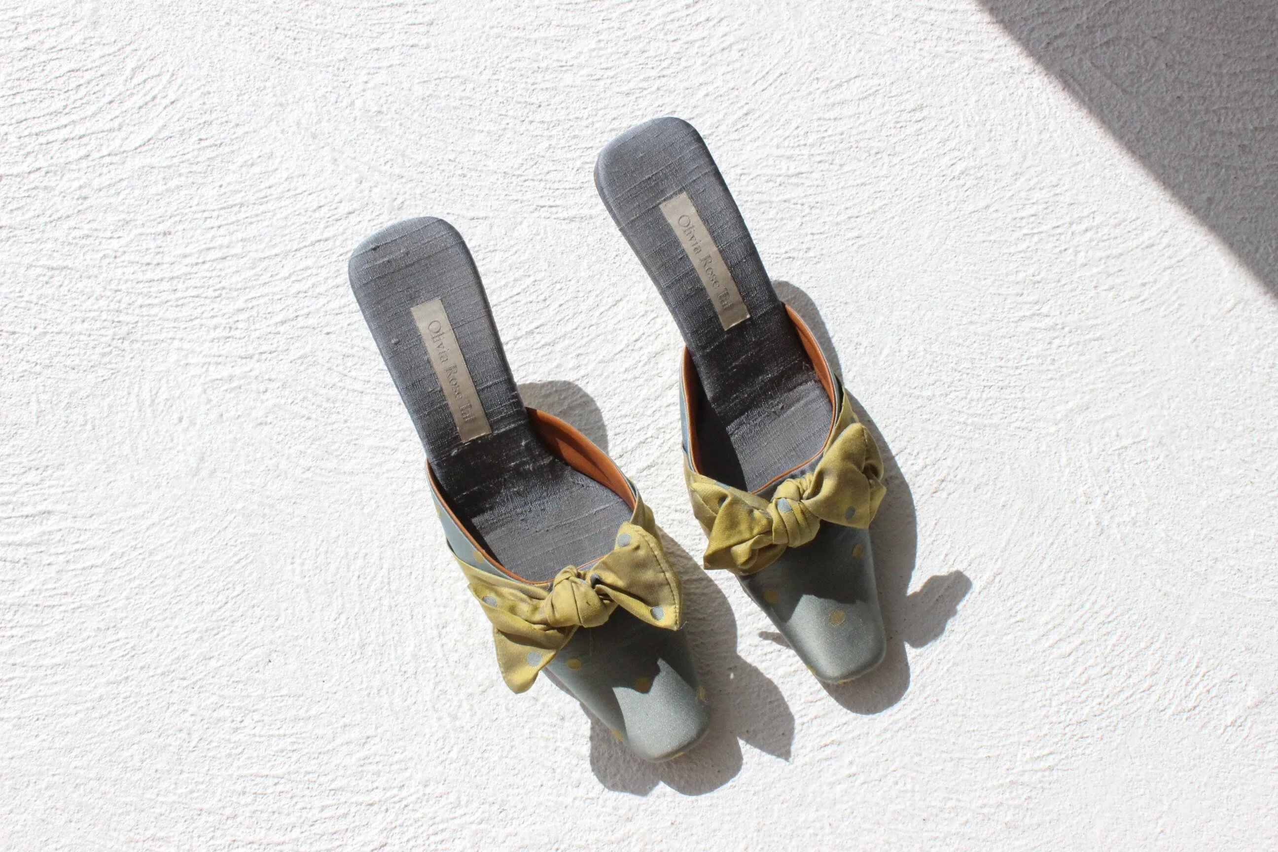 90s Olivia Rose Tal Raw Silk Polka Dot Bow Mules~ Euro 40