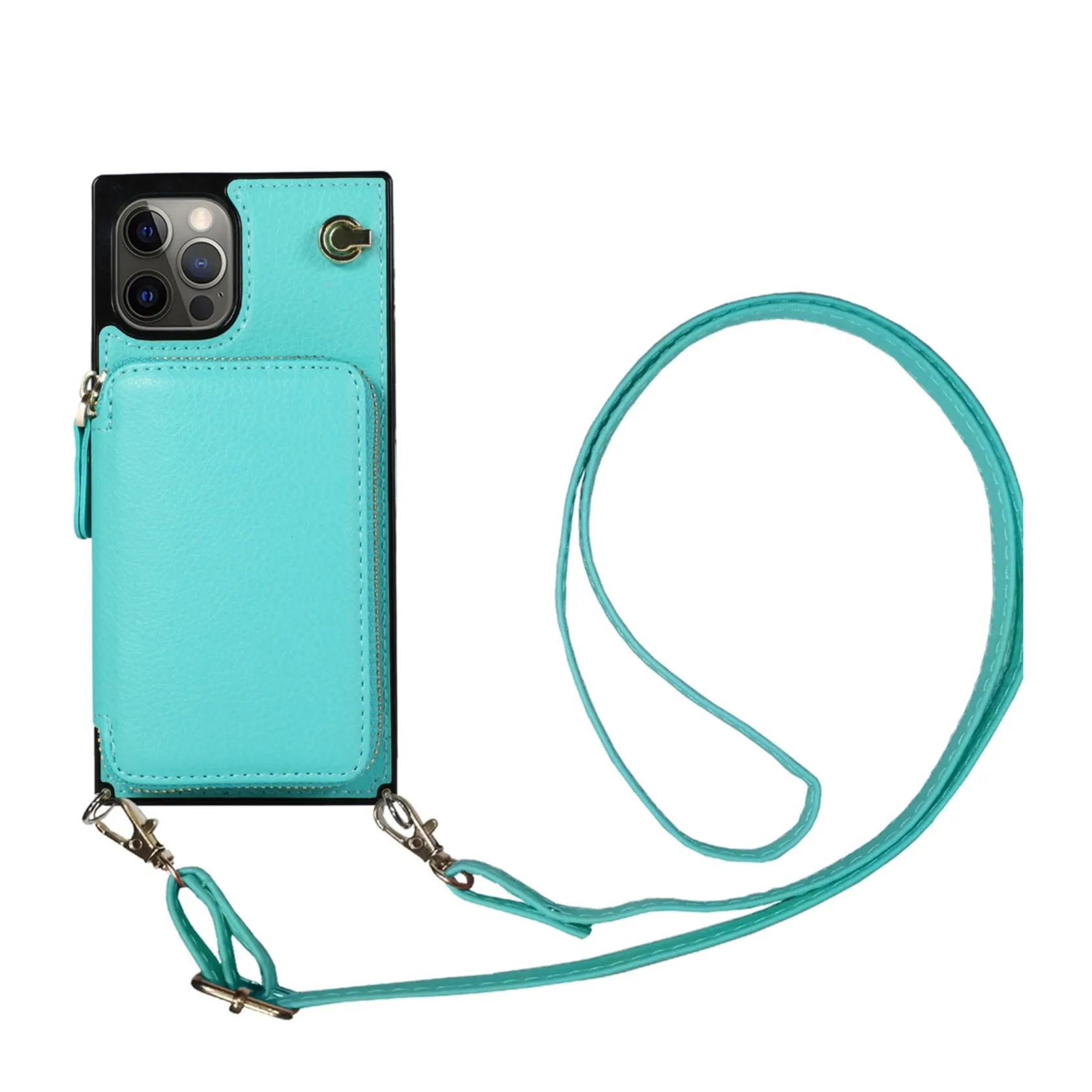 Apfelkiste - iPhone 12 Pro Max Necklace Leather Protective Case with Card Slots   Cell Phone Chain (140cm) - Turquoise