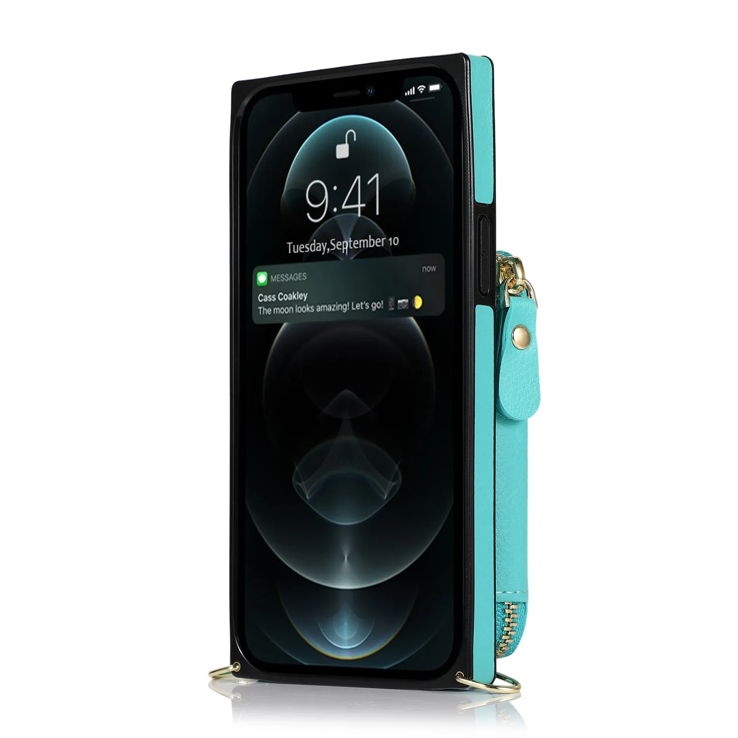 Apfelkiste - iPhone 12 Pro Max Necklace Leather Protective Case with Card Slots   Cell Phone Chain (140cm) - Turquoise