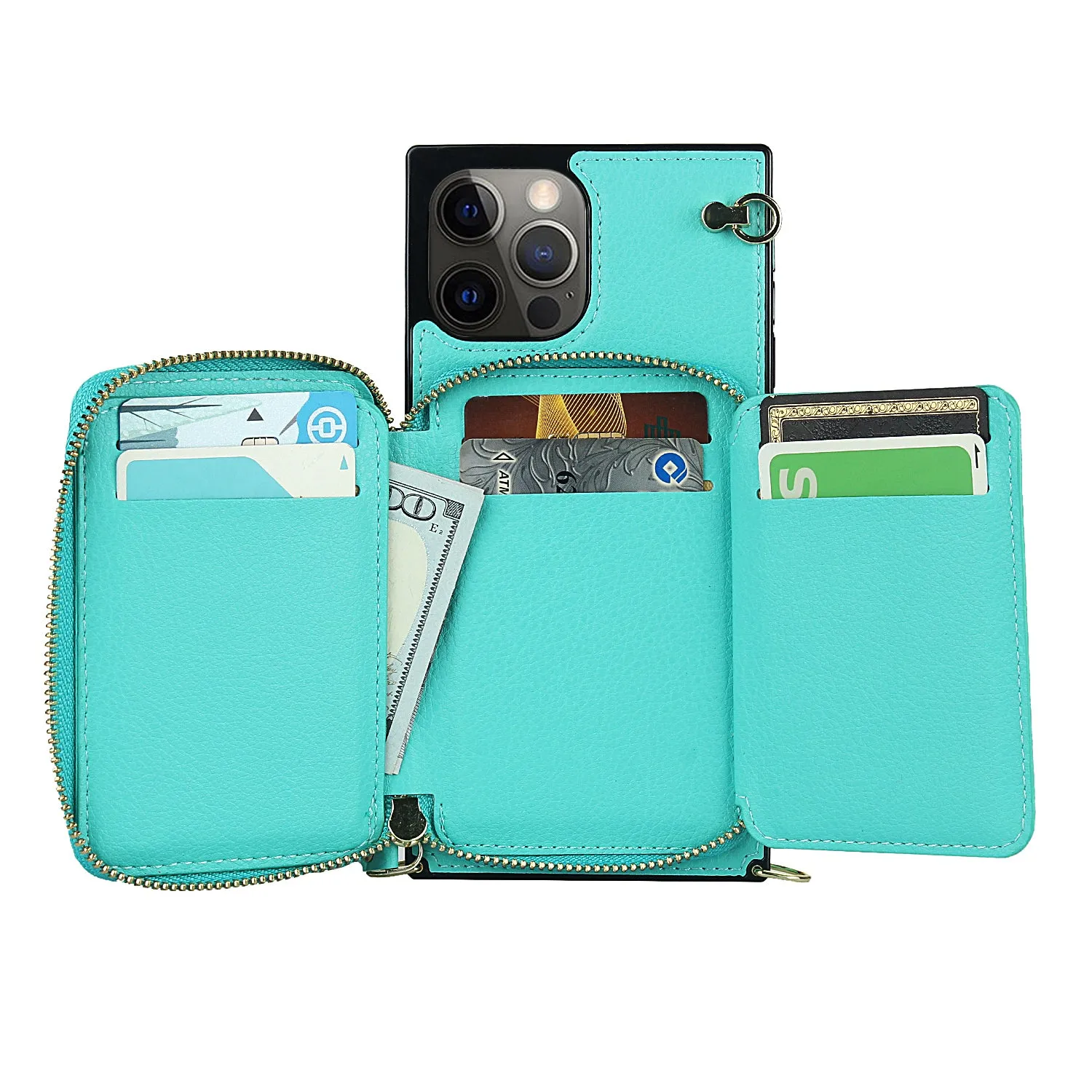 Apfelkiste - iPhone 12 Pro Max Necklace Leather Protective Case with Card Slots   Cell Phone Chain (140cm) - Turquoise