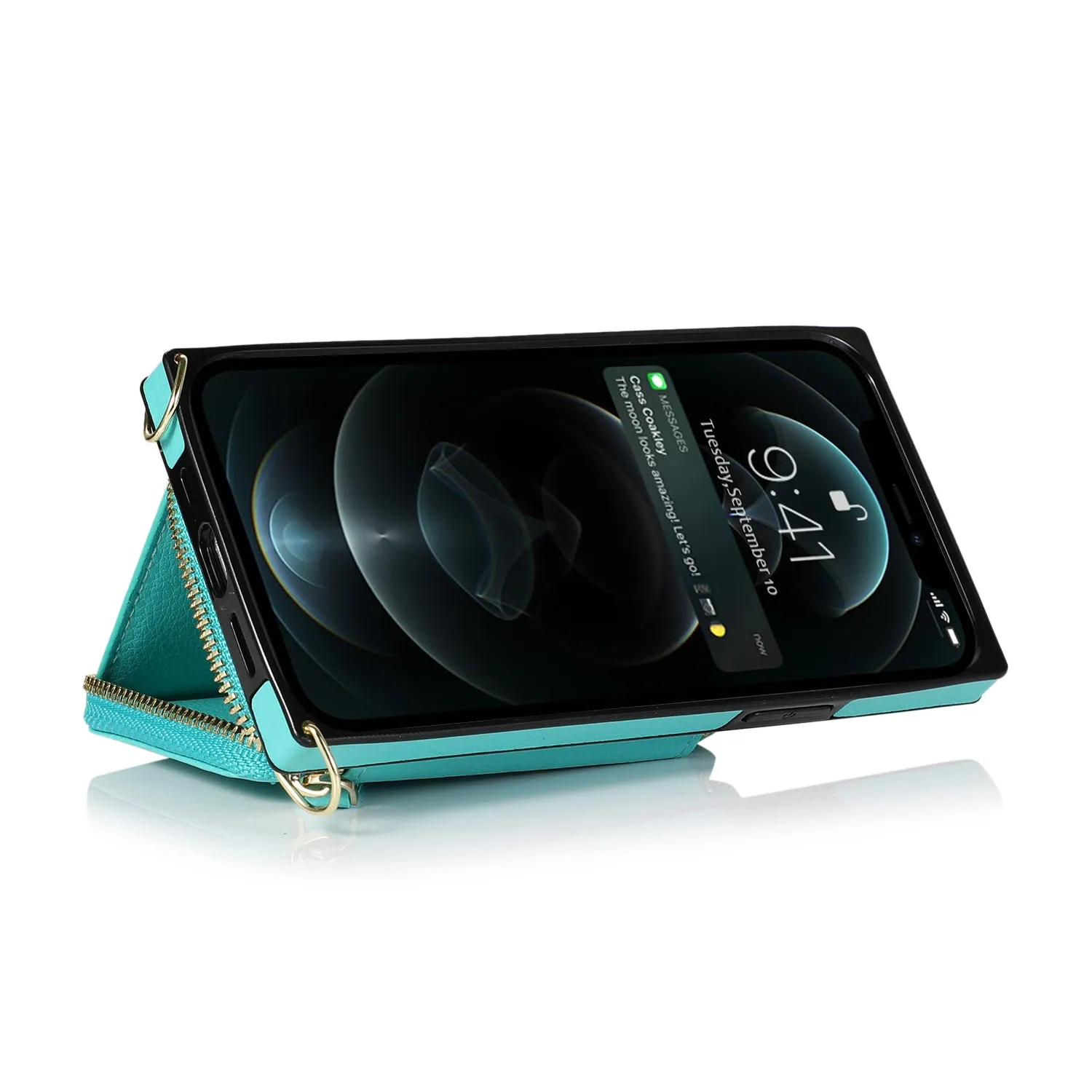 Apfelkiste - iPhone 12 Pro Max Necklace Leather Protective Case with Card Slots   Cell Phone Chain (140cm) - Turquoise