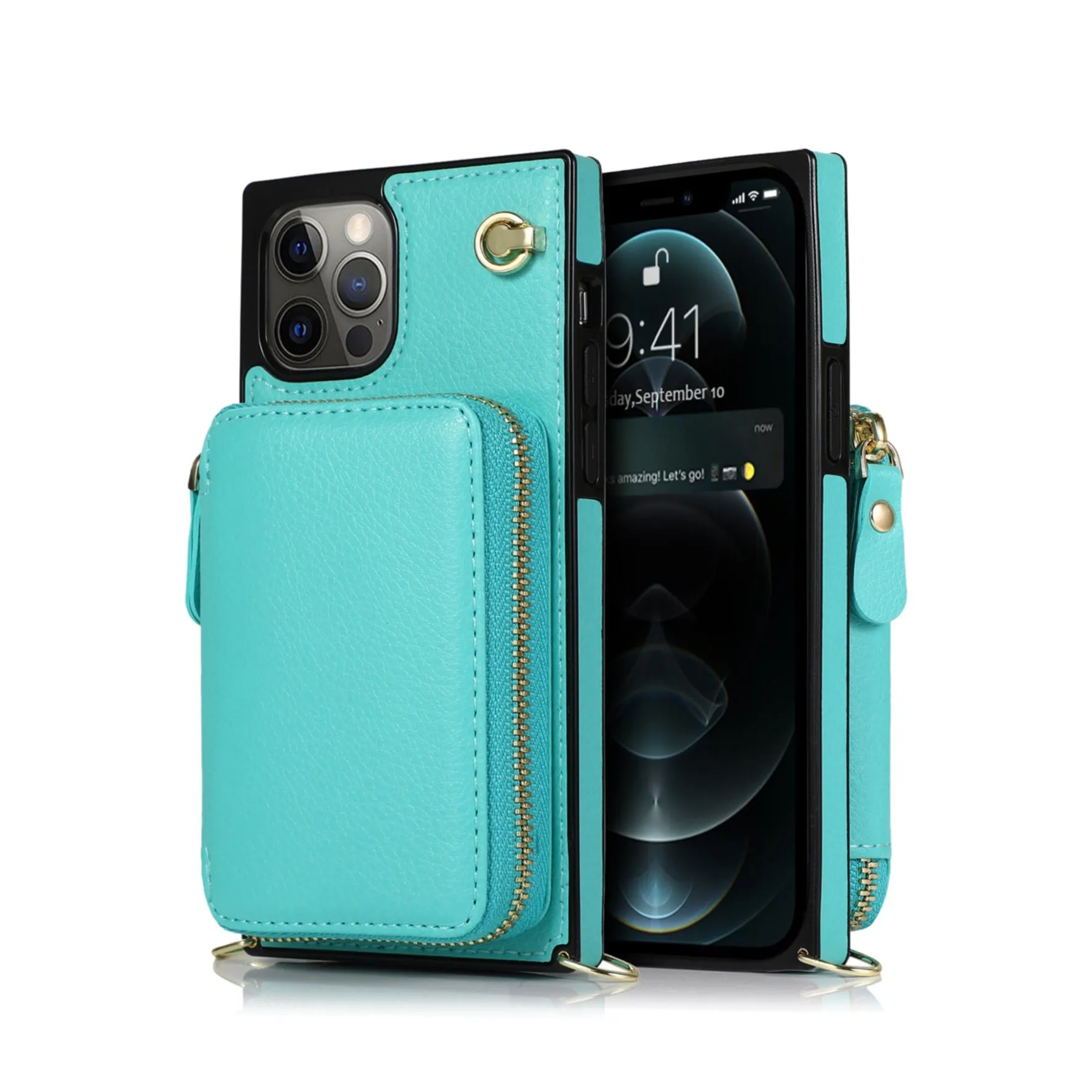 Apfelkiste - iPhone 12 Pro Max Necklace Leather Protective Case with Card Slots   Cell Phone Chain (140cm) - Turquoise