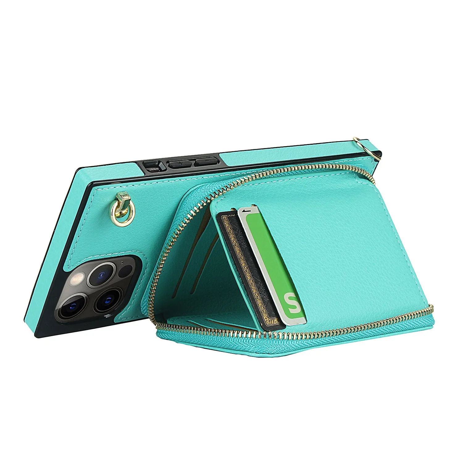 Apfelkiste - iPhone 12 Pro Max Necklace Leather Protective Case with Card Slots   Cell Phone Chain (140cm) - Turquoise