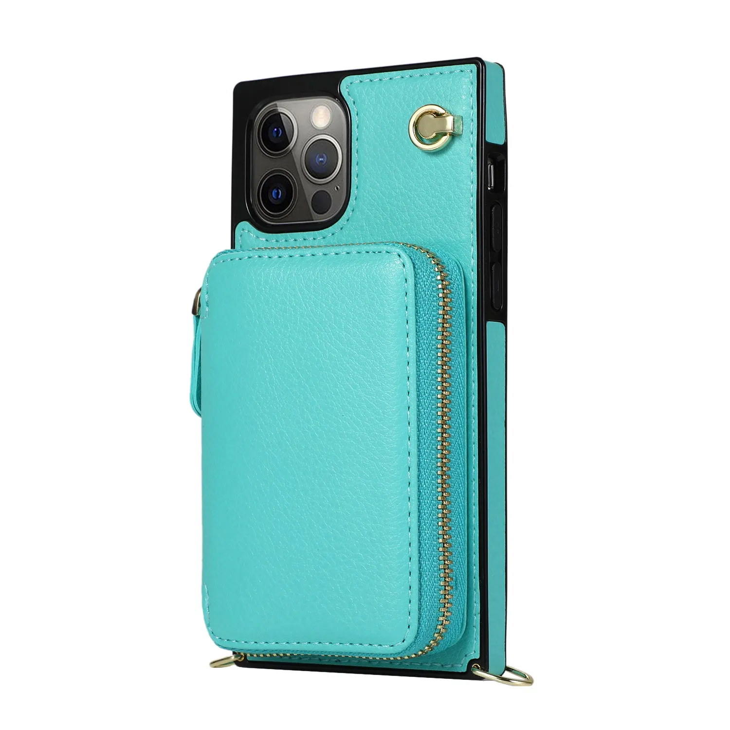 Apfelkiste - iPhone 12 Pro Max Necklace Leather Protective Case with Card Slots   Cell Phone Chain (140cm) - Turquoise