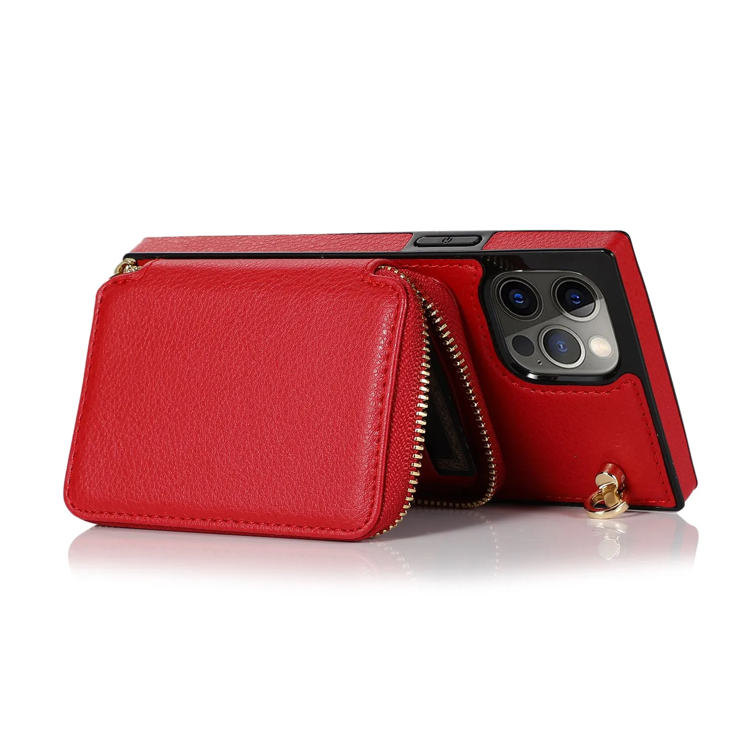 Apfelkiste - iPhone 13 Pro Necklace Leather Protective Case with Card Slots   Cell Phone Chain (140cm) - Red
