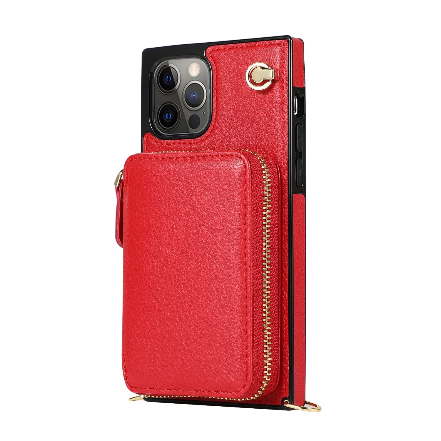 Apfelkiste - iPhone 13 Pro Necklace Leather Protective Case with Card Slots   Cell Phone Chain (140cm) - Red