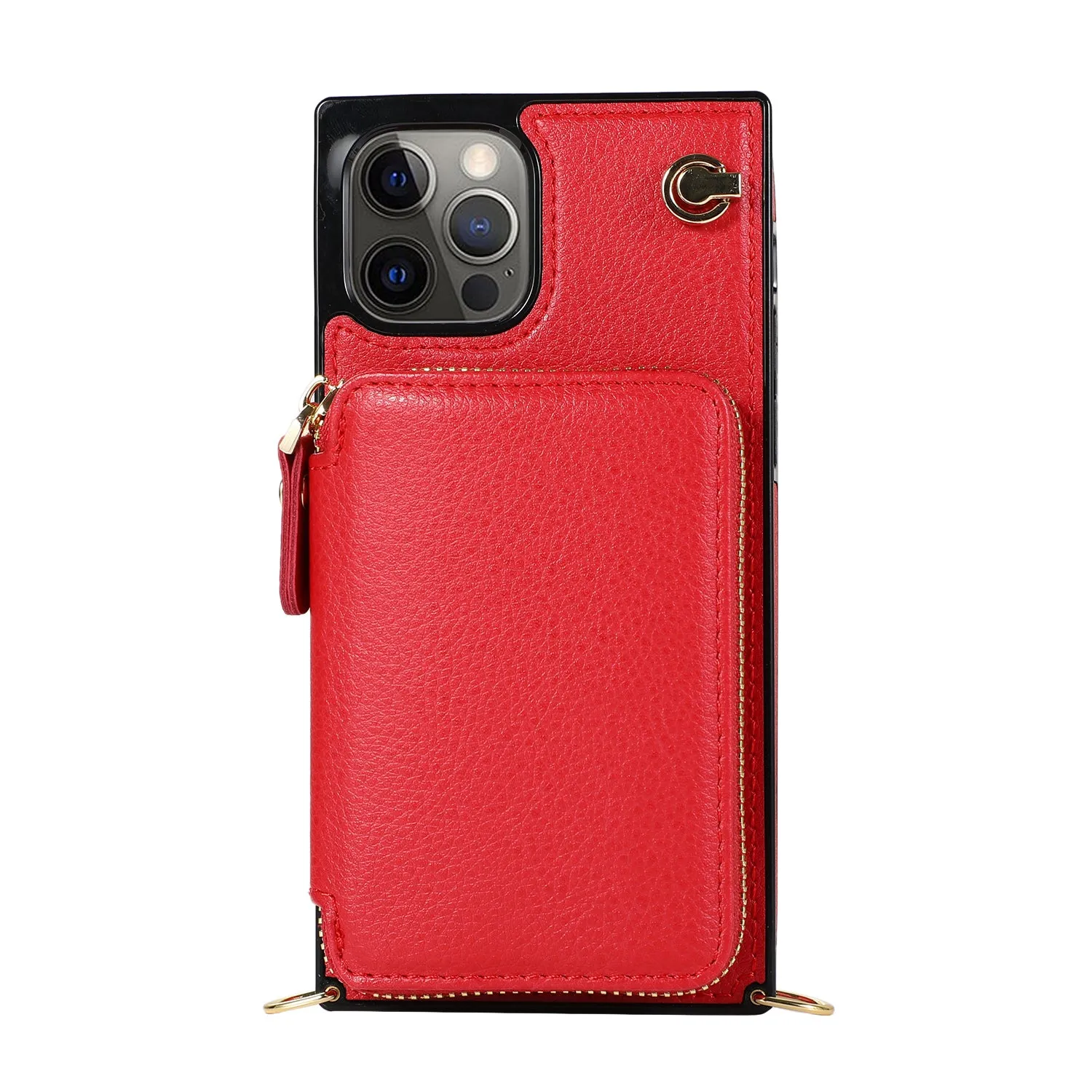 Apfelkiste - iPhone 13 Pro Necklace Leather Protective Case with Card Slots   Cell Phone Chain (140cm) - Red