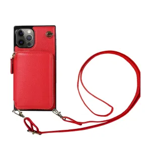 Apfelkiste - iPhone 13 Pro Necklace Leather Protective Case with Card Slots   Cell Phone Chain (140cm) - Red
