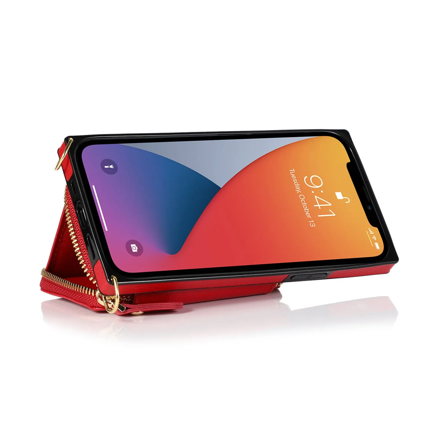 Apfelkiste - iPhone 13 Pro Necklace Leather Protective Case with Card Slots   Cell Phone Chain (140cm) - Red