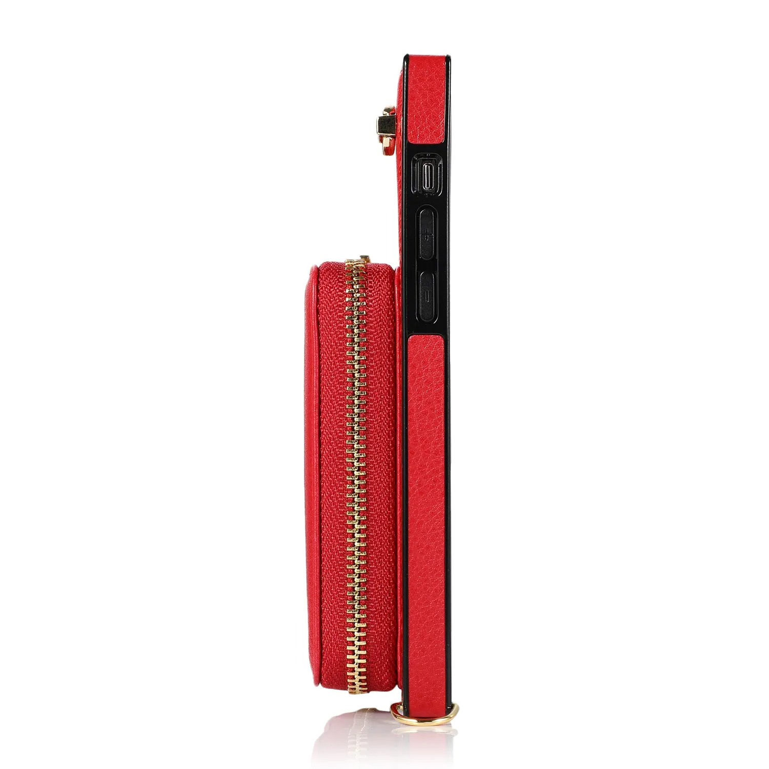 Apfelkiste - iPhone 13 Pro Necklace Leather Protective Case with Card Slots   Cell Phone Chain (140cm) - Red