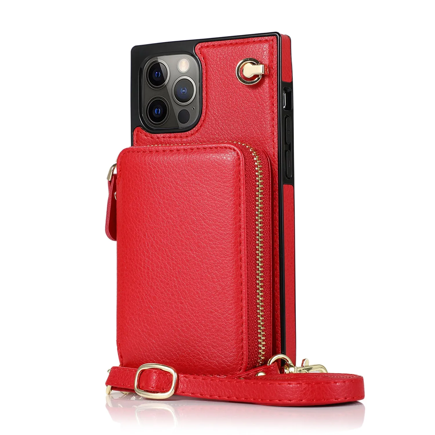Apfelkiste - iPhone 13 Pro Necklace Leather Protective Case with Card Slots   Cell Phone Chain (140cm) - Red