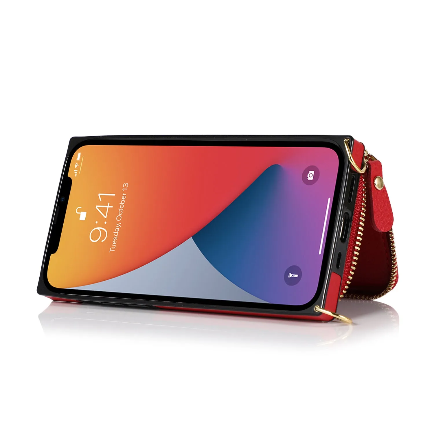 Apfelkiste - iPhone 13 Pro Necklace Leather Protective Case with Card Slots   Cell Phone Chain (140cm) - Red