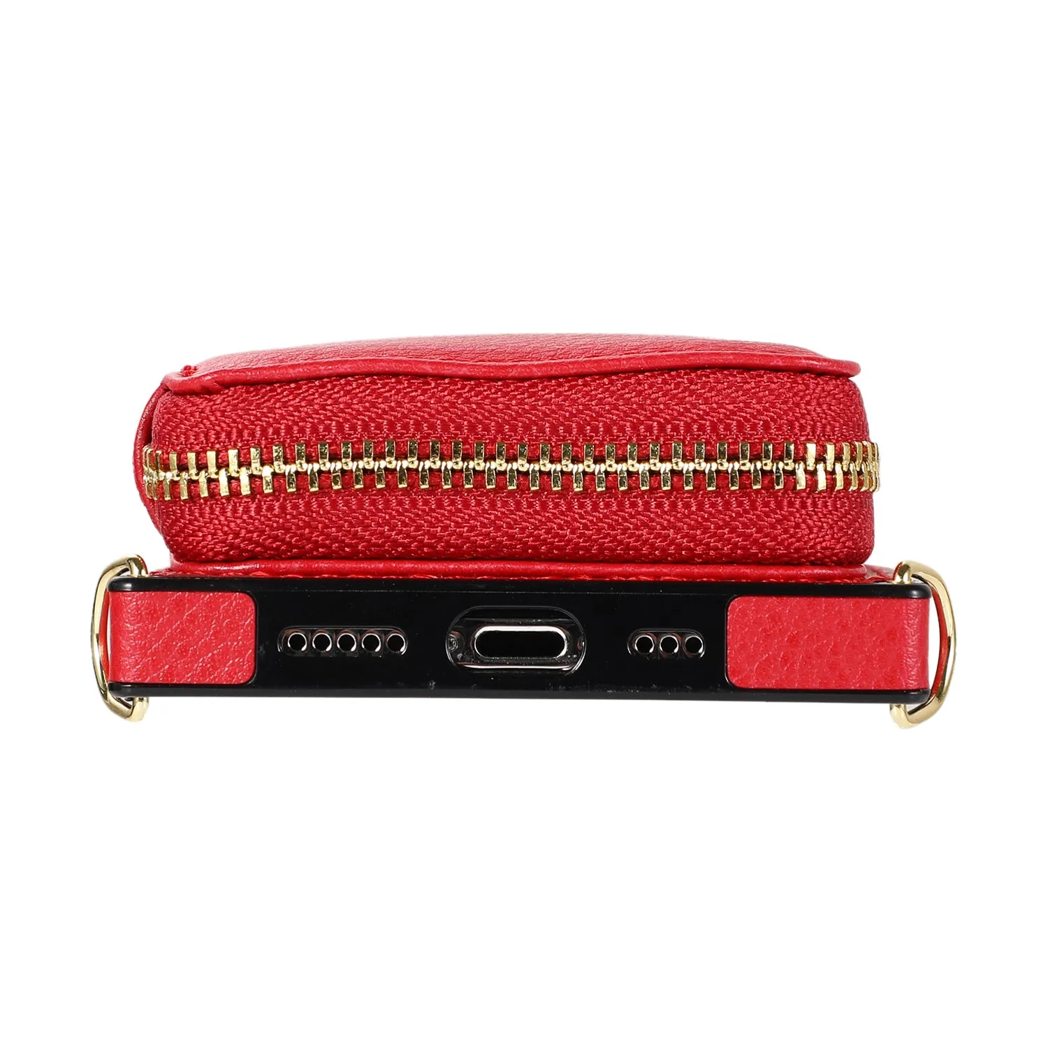 Apfelkiste - iPhone 13 Pro Necklace Leather Protective Case with Card Slots   Cell Phone Chain (140cm) - Red