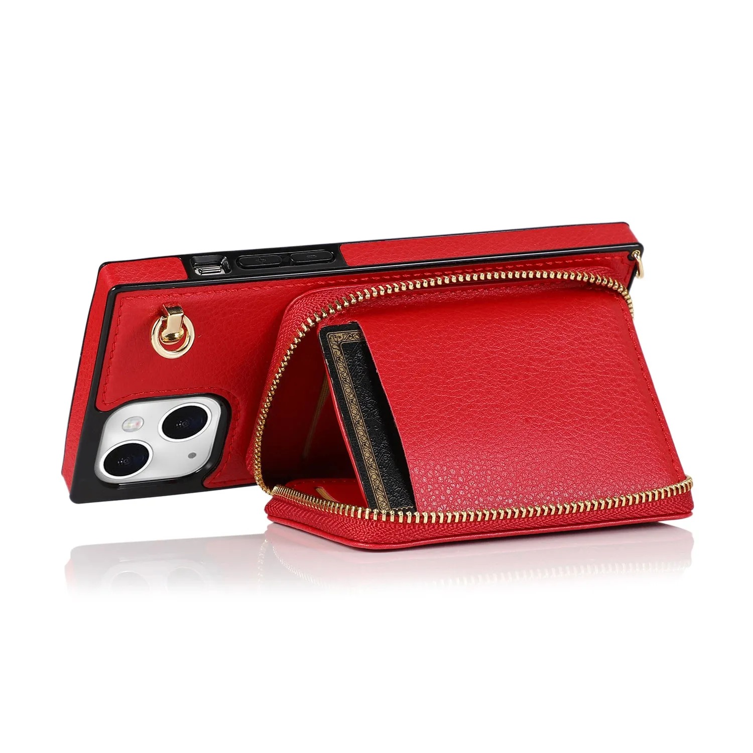 Apfelkiste - iPhone 13 Pro Necklace Leather Protective Case with Card Slots   Cell Phone Chain (140cm) - Red