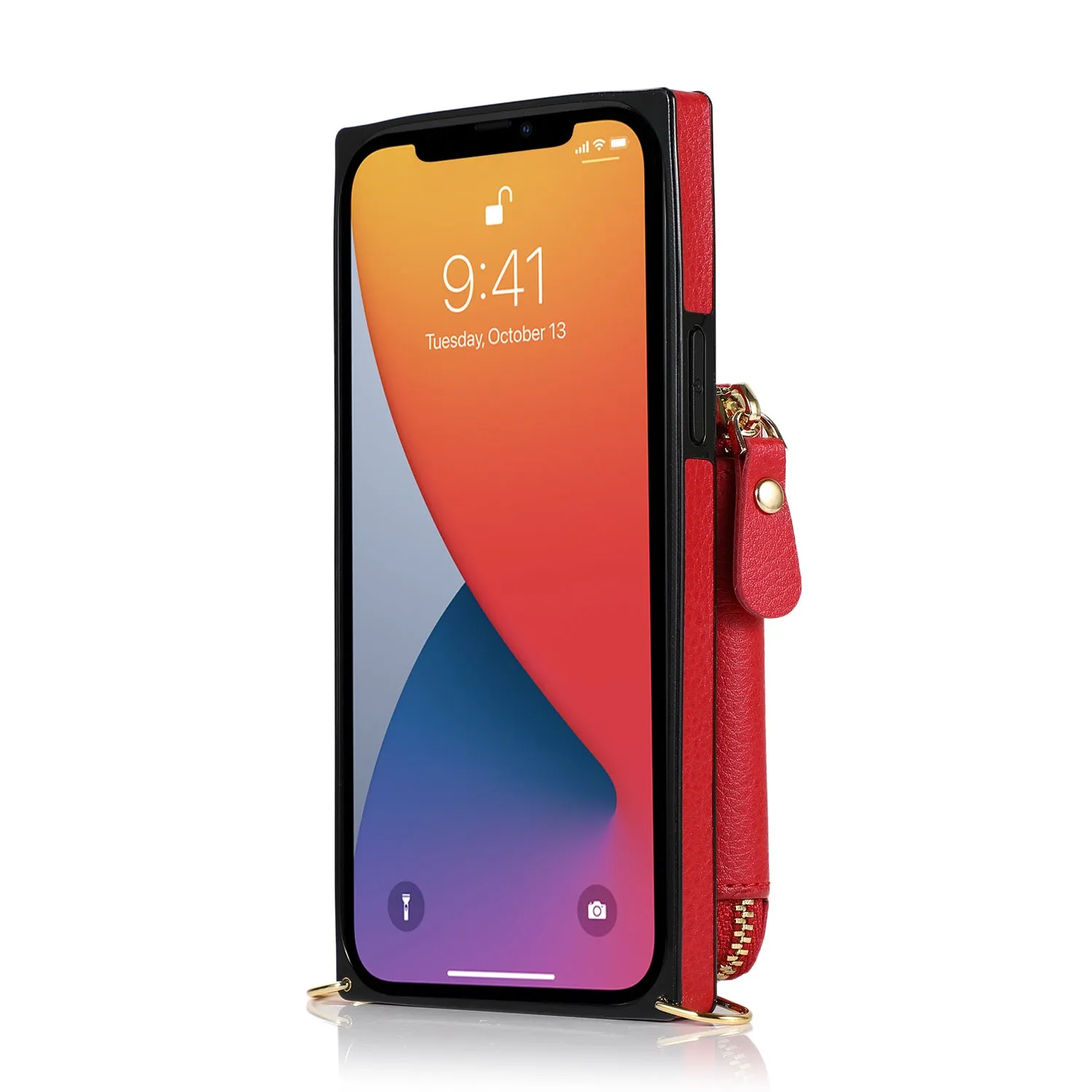 Apfelkiste - iPhone 13 Pro Necklace Leather Protective Case with Card Slots   Cell Phone Chain (140cm) - Red