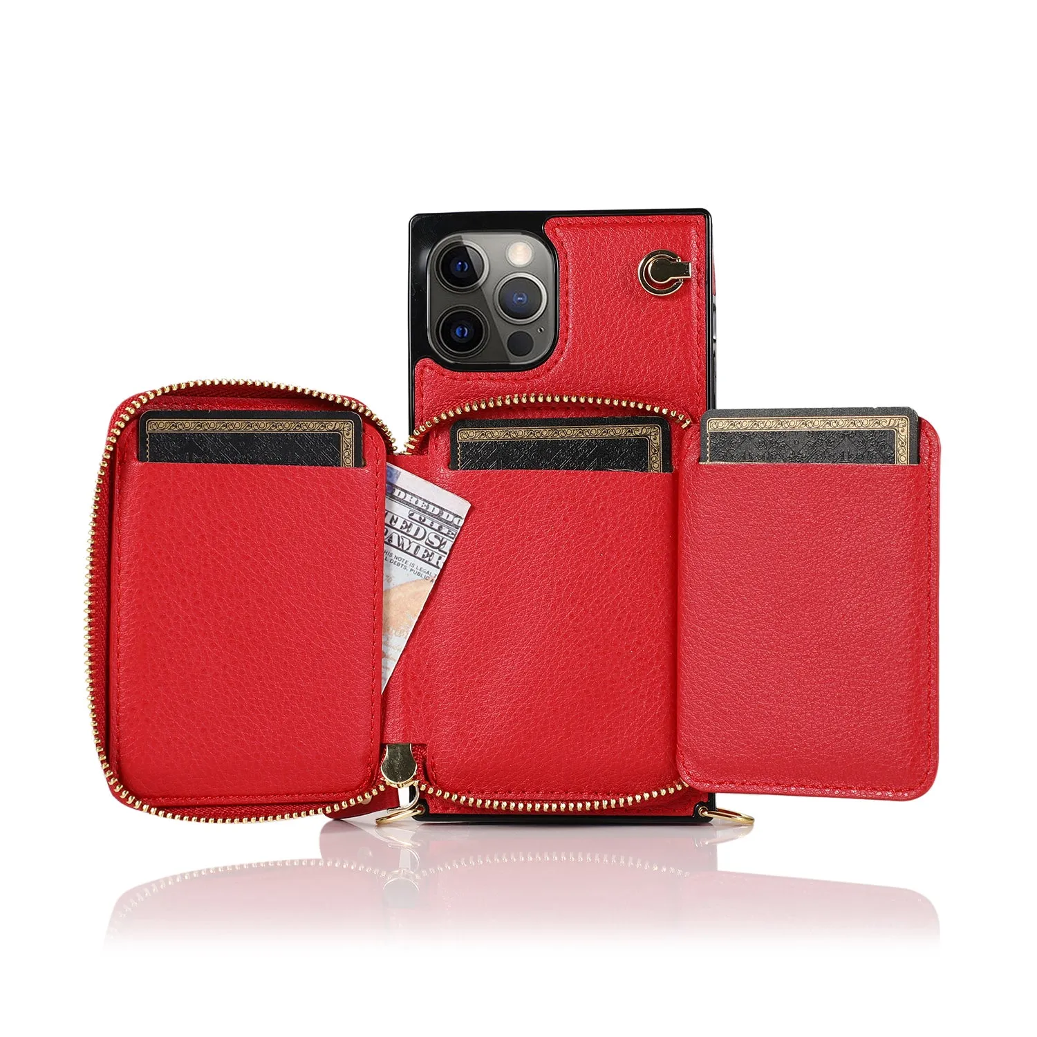 Apfelkiste - iPhone 13 Pro Necklace Leather Protective Case with Card Slots   Cell Phone Chain (140cm) - Red
