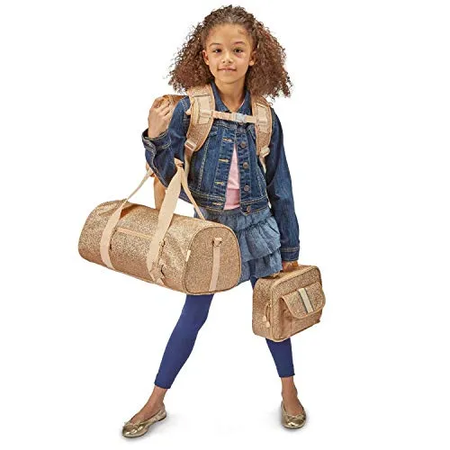 Bixbee Small Kids Duffle Bag, Dance Bag & Travel Bag for Sports, Gymnastics and Ballet with Zipper, Pockets, and Flake-Resistant Glitter Design - Dance Bag for Girls & Boys in Sparkalicious Gold