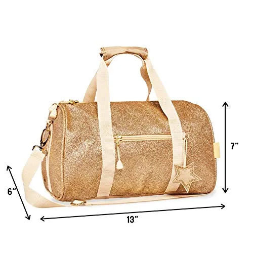 Bixbee Small Kids Duffle Bag, Dance Bag & Travel Bag for Sports, Gymnastics and Ballet with Zipper, Pockets, and Flake-Resistant Glitter Design - Dance Bag for Girls & Boys in Sparkalicious Gold