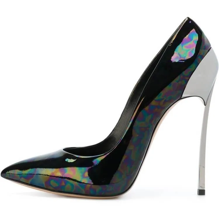 Black Patent Leather Pointed Toe Stiletto Heel Pumps