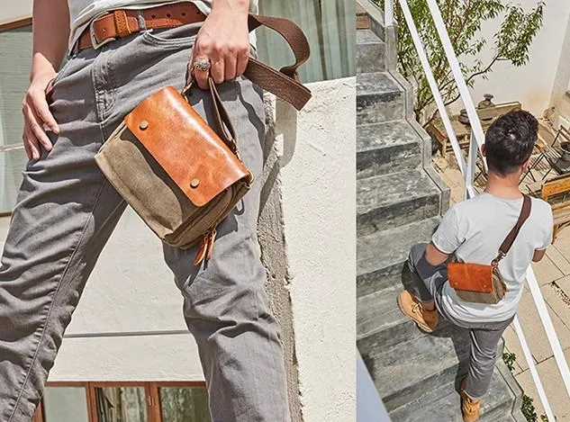 Canvas Leather Mens Belt Pouch Waist Bag Fanny Pack Small Side Bag for Men