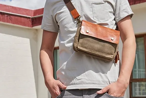 Canvas Leather Mens Belt Pouch Waist Bag Fanny Pack Small Side Bag for Men