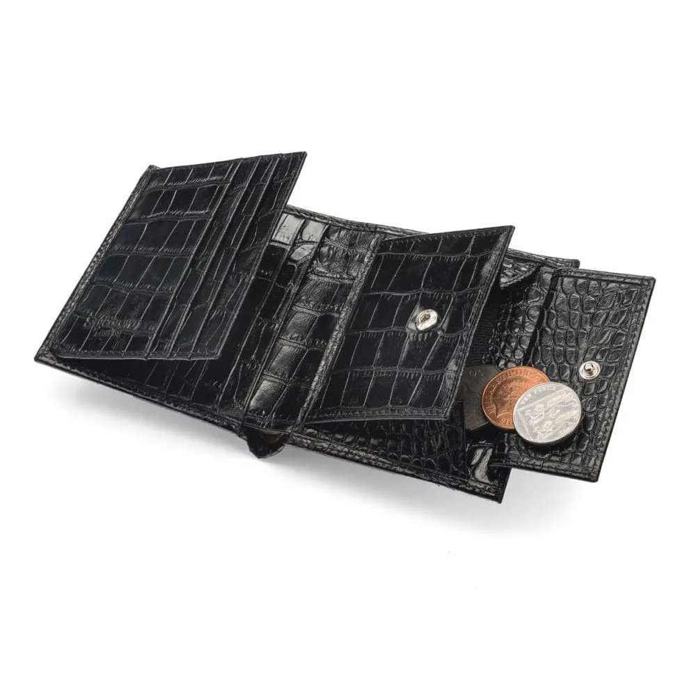 Compact Leather Wallet With Coin Purse - Black Croc