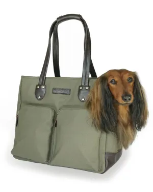 Dog Carrier Bag - Waxed Canvas & Leather Pet Travel Tote - Olive Green