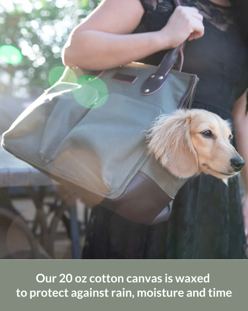 Dog Carrier Bag - Waxed Canvas & Leather Pet Travel Tote - Olive Green