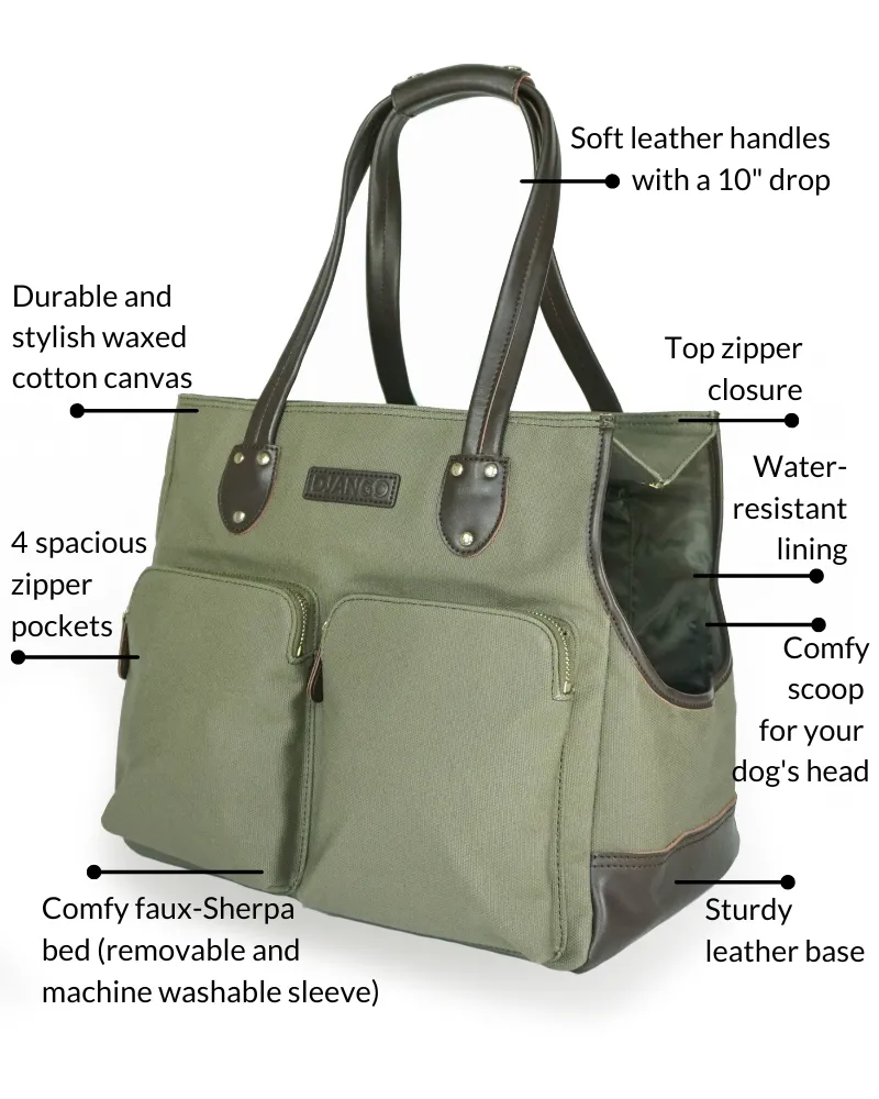 Dog Carrier Bag - Waxed Canvas & Leather Pet Travel Tote - Olive Green