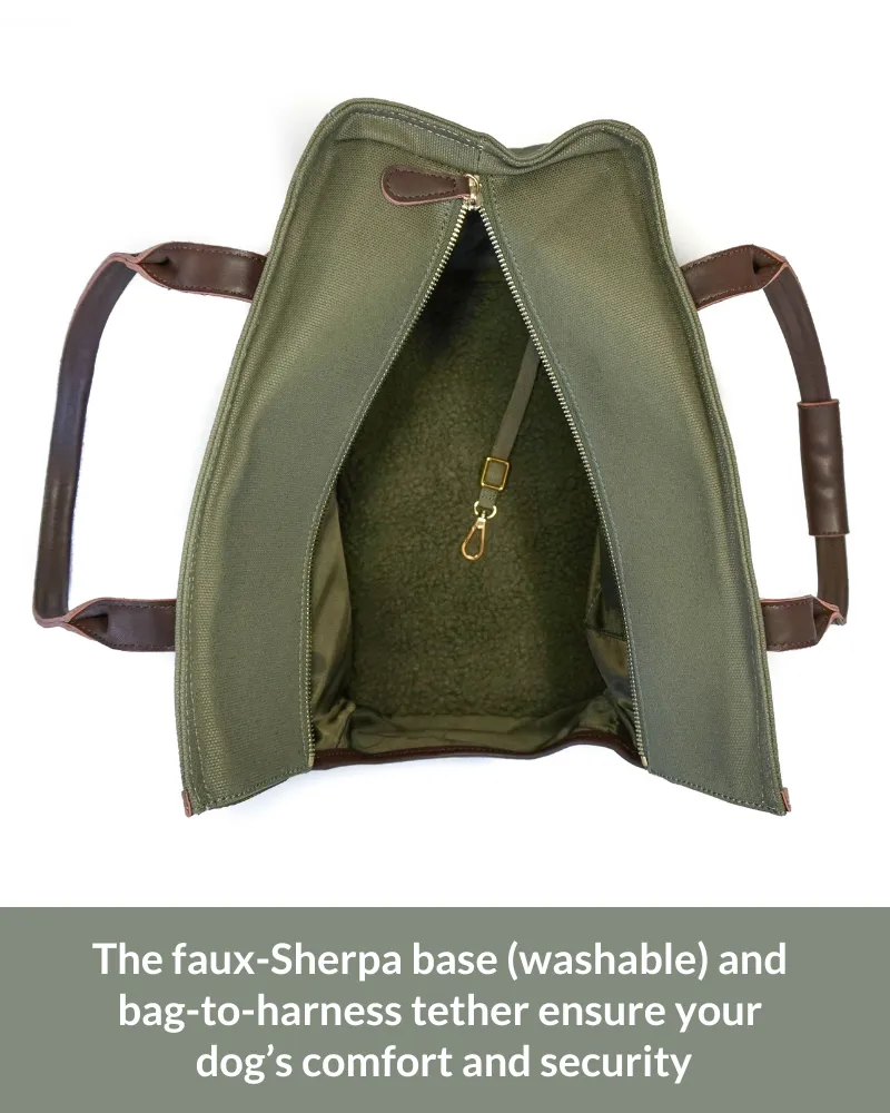 Dog Carrier Bag - Waxed Canvas & Leather Pet Travel Tote - Olive Green
