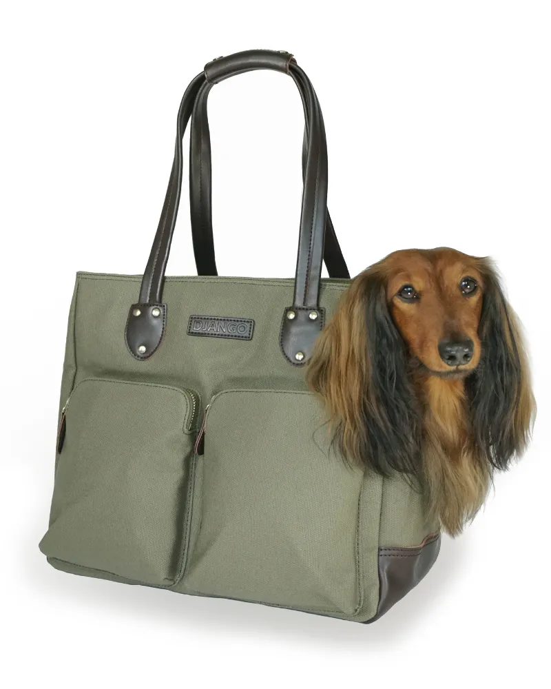 Dog Carrier Bag - Waxed Canvas & Leather Pet Travel Tote - Olive Green