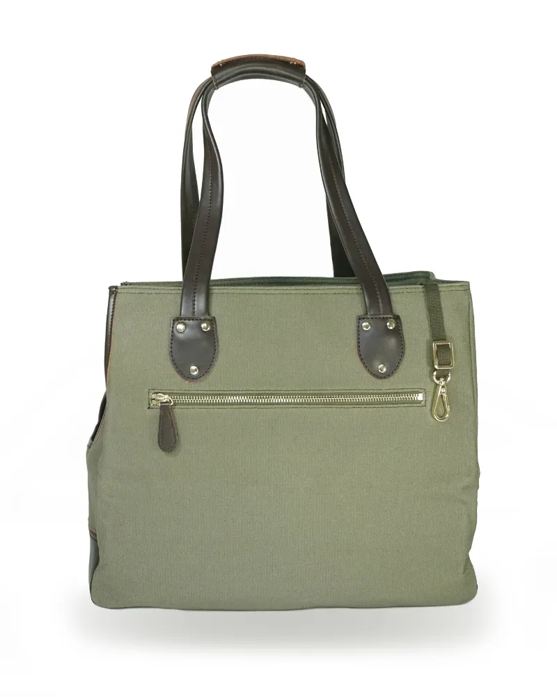 Dog Carrier Bag - Waxed Canvas & Leather Pet Travel Tote - Olive Green