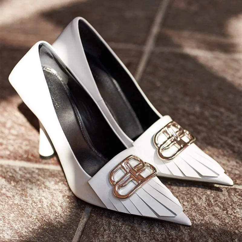 Europe and the United States bb letter metal buckle pointed high heels in autumn and winternew white fashion shoes for women