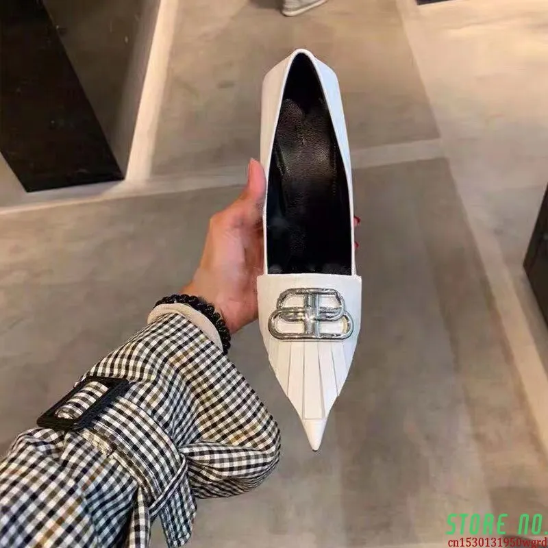 Europe and the United States bb letter metal buckle pointed high heels in autumn and winternew white fashion shoes for women