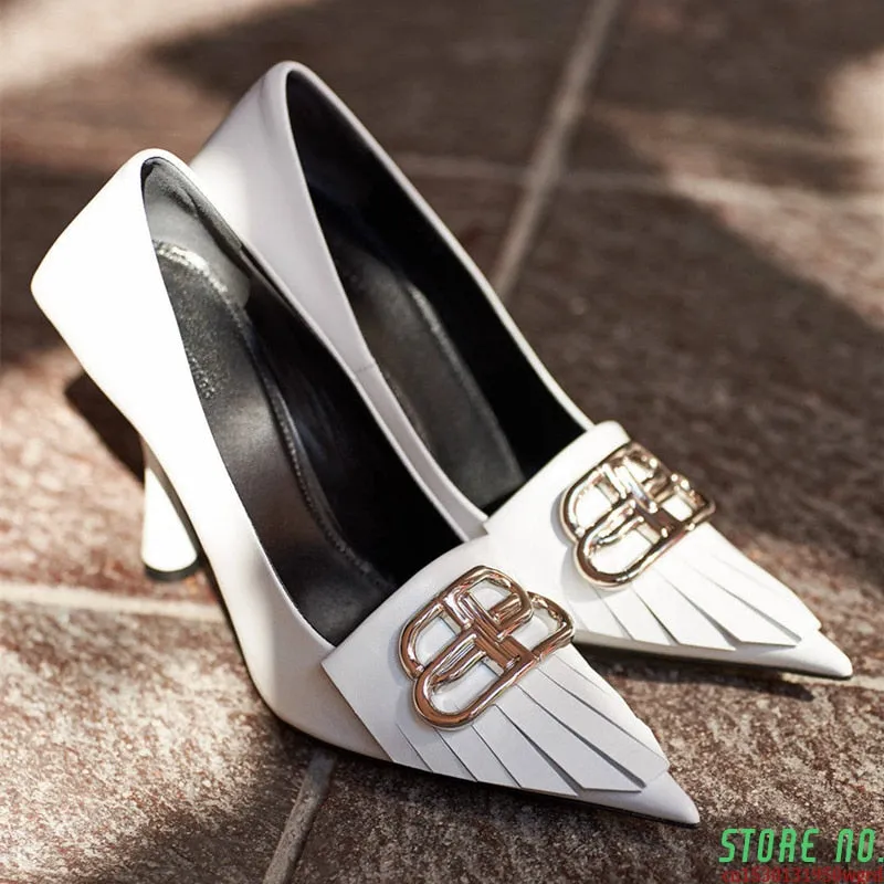Europe and the United States bb letter metal buckle pointed high heels in autumn and winternew white fashion shoes for women