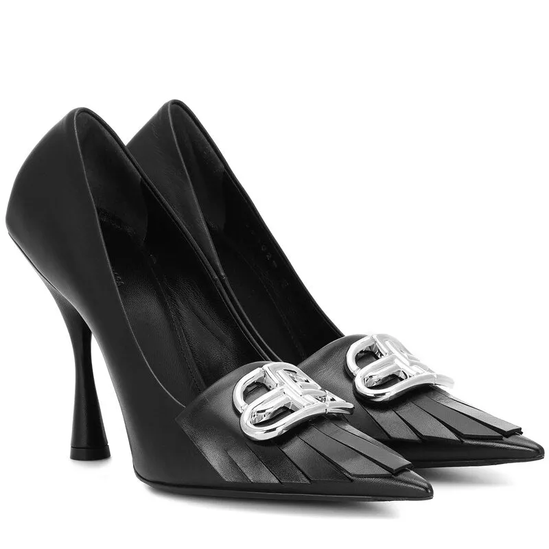 Europe and the United States bb letter metal buckle pointed high heels in autumn and winternew white fashion shoes for women