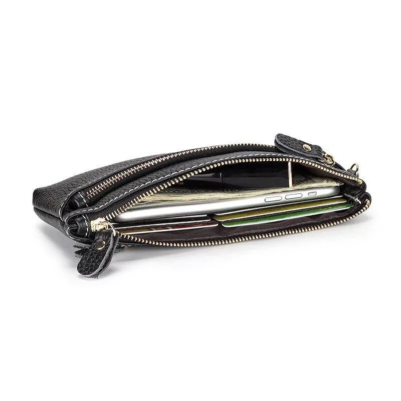 Genuine Leather Long Clutch Wallet Temperament Zipper Purse With Hand Rope