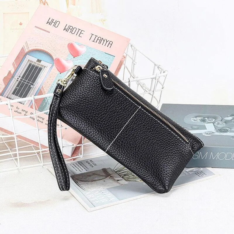 Genuine Leather Long Clutch Wallet Temperament Zipper Purse With Hand Rope