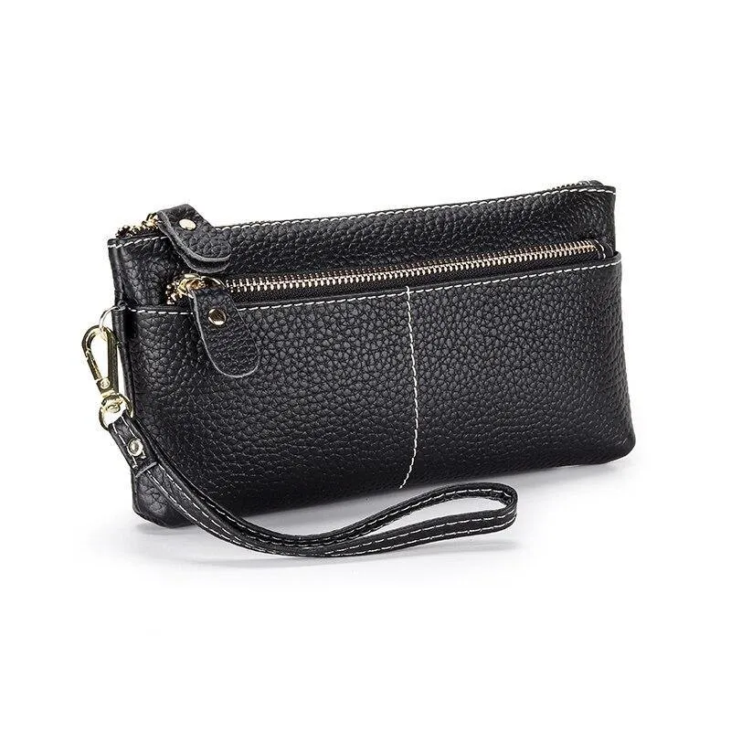 Genuine Leather Long Clutch Wallet Temperament Zipper Purse With Hand Rope