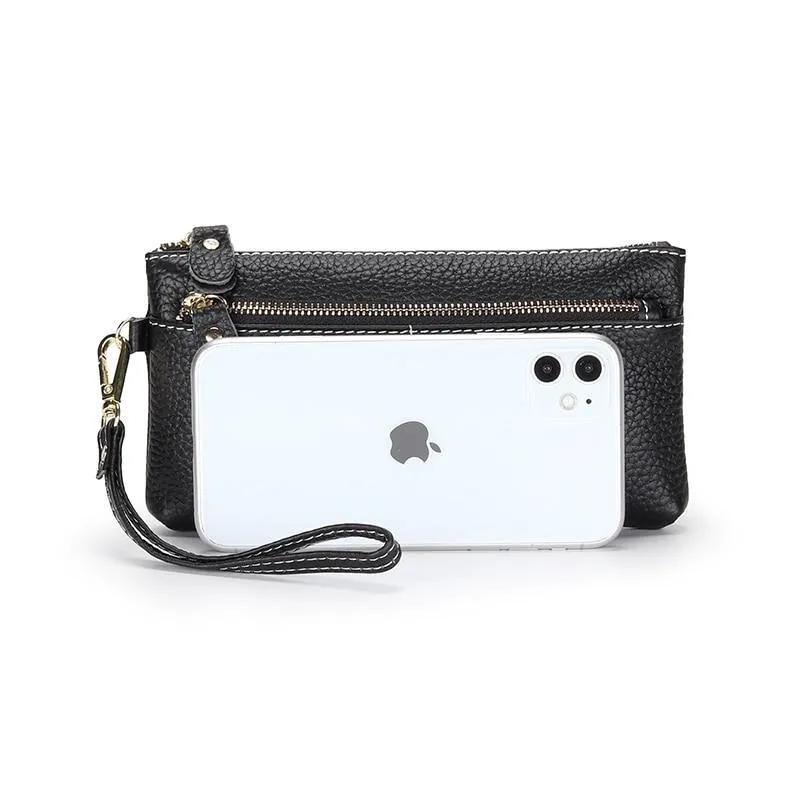 Genuine Leather Long Clutch Wallet Temperament Zipper Purse With Hand Rope