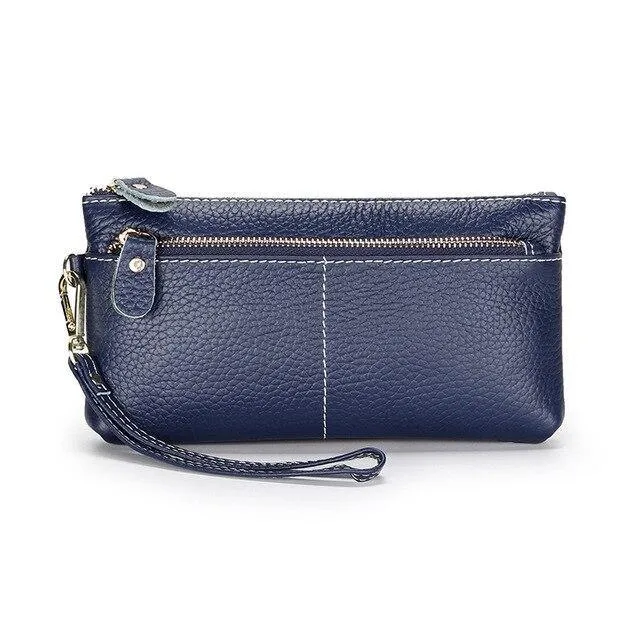 Genuine Leather Long Clutch Wallet Temperament Zipper Purse With Hand Rope