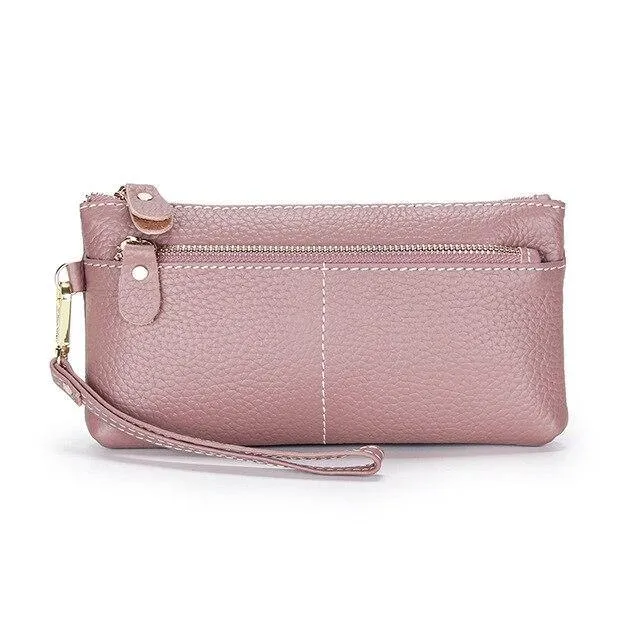 Genuine Leather Long Clutch Wallet Temperament Zipper Purse With Hand Rope